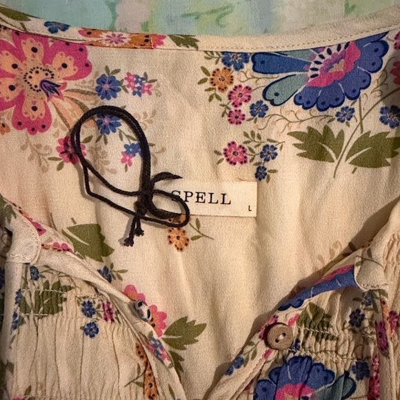 NWOT Spell | Soltice Tiered Ruffle Gown Size Large Floral Cream Boho Smocking - Picture 8 of 13